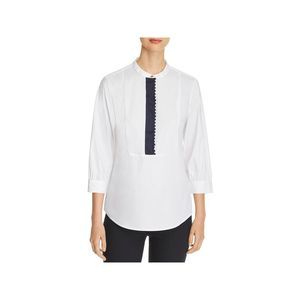 DONNA KARAN Womens White 3/4 Sleeve Bib Neck Wear To Work Top XXS